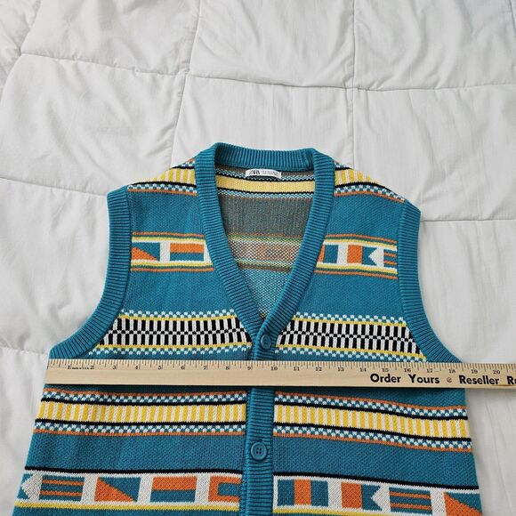 Zara Sweater Vest Mens Medium Teal Green‎ Jacquard Knit V-Neck Button Front NWOT - Picture 5 of 6